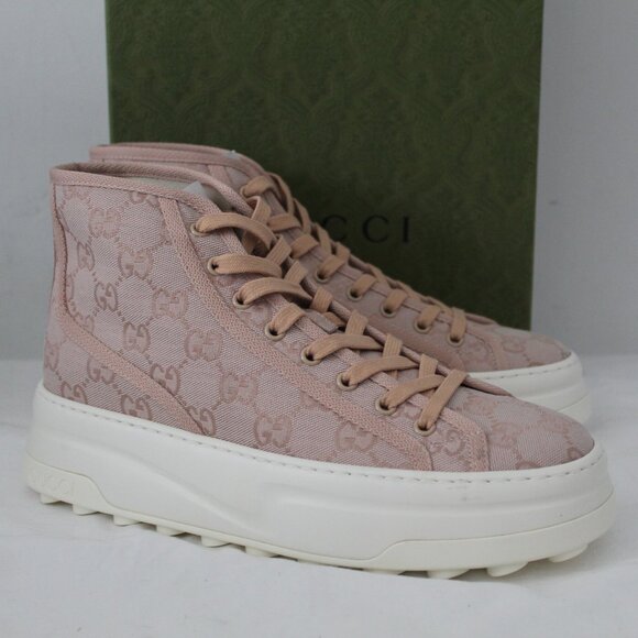 NWB Gucci GG Sneaker Sneakers High Tops Lace Up New Canvas Rose 40 746768 - Picture 1 of 8